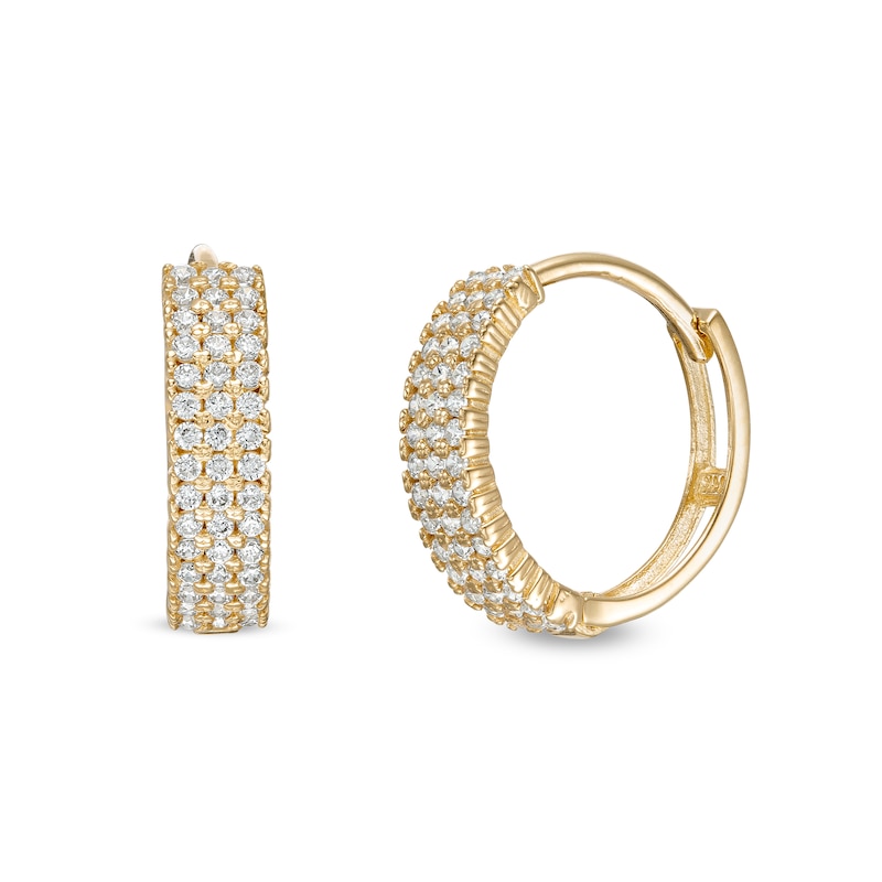 Cubic Zirconia 12mm Triple Row Huggie Hoop Earrings in 10K Solid Gold