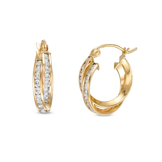 Cubic Zirconia Channel 15mm Triangular Twisted Double Hoop Earrings in 10K Tube Hollow Gold