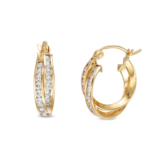 Cubic Zirconia Channel 15mm Triangular Twisted Double Hoop Earrings in 10K Tube Hollow Gold