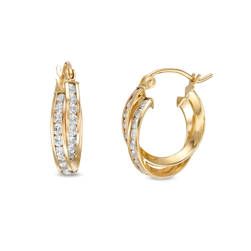 Cubic Zirconia Channel 15mm Triangular Twisted Double Hoop Earrings in 10K Tube Hollow Gold