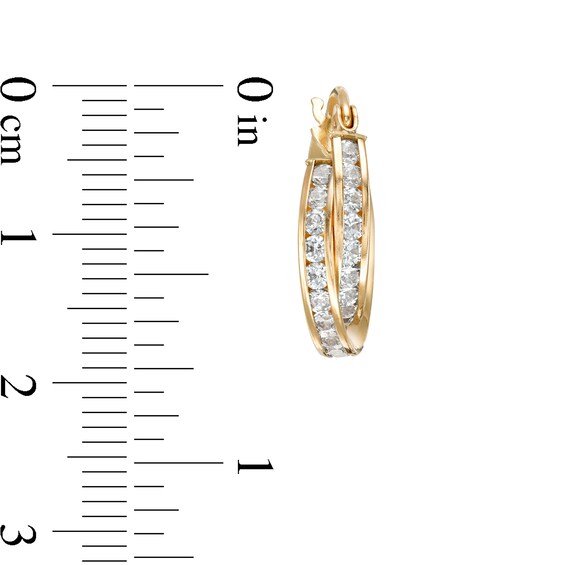 Cubic Zirconia Channel 15mm Triangular Twisted Double Hoop Earrings in 10K Tube Hollow Gold