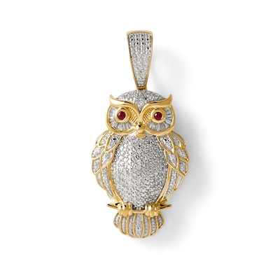 1/3 CT. T.W. Baguette and Round Diamond with Lab-Created Ruby Owl Necklace Charm in 10K Gold