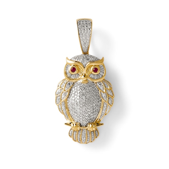 1/3 CT. T.W. Baguette and Round Diamond with Lab-Created Ruby Owl Necklace Charm in 10K Gold