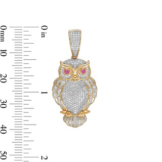 1/3 CT. T.W. Baguette and Round Diamond with Lab-Created Ruby Owl Necklace Charm in 10K Gold