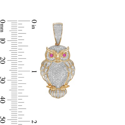 1/3 CT. T.W. Baguette and Round Diamond with Lab-Created Ruby Owl Necklace Charm in 10K Gold