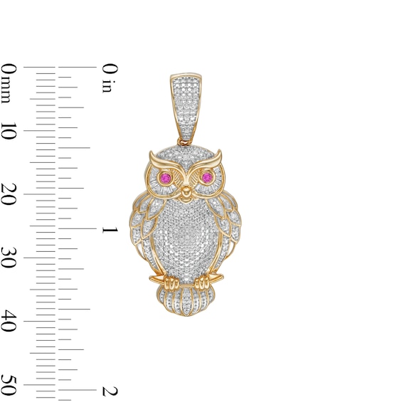 1/3 CT. T.W. Baguette and Round Diamond with Lab-Created Ruby Owl Necklace Charm in 10K Gold