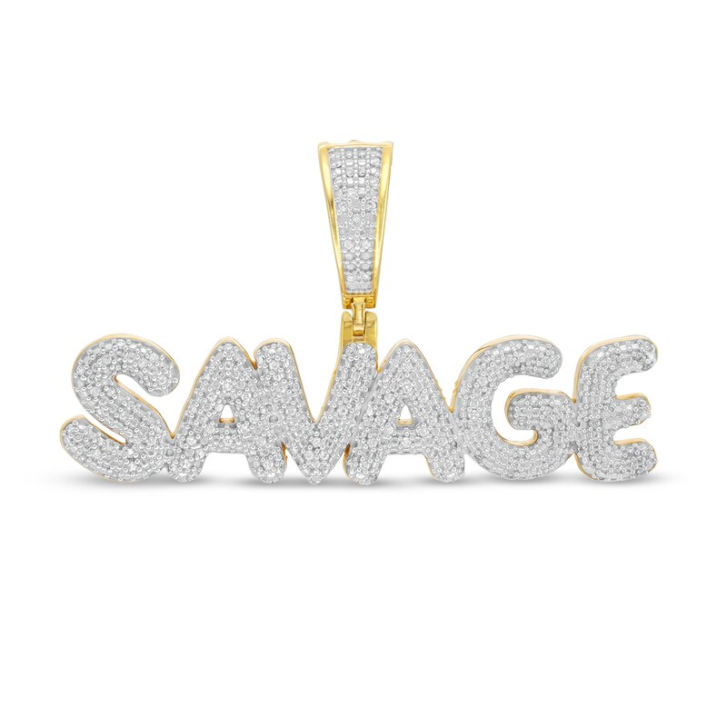 Main Image 1 of 1/2 CT. T.W. Diamond Puff Block "SAVAGE" Necklace Charm in 10K Gold