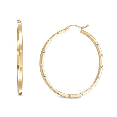 Hollow 40mm Diamond-Cut Square Station Hoop Earrings in 10K Two-Tone Gold