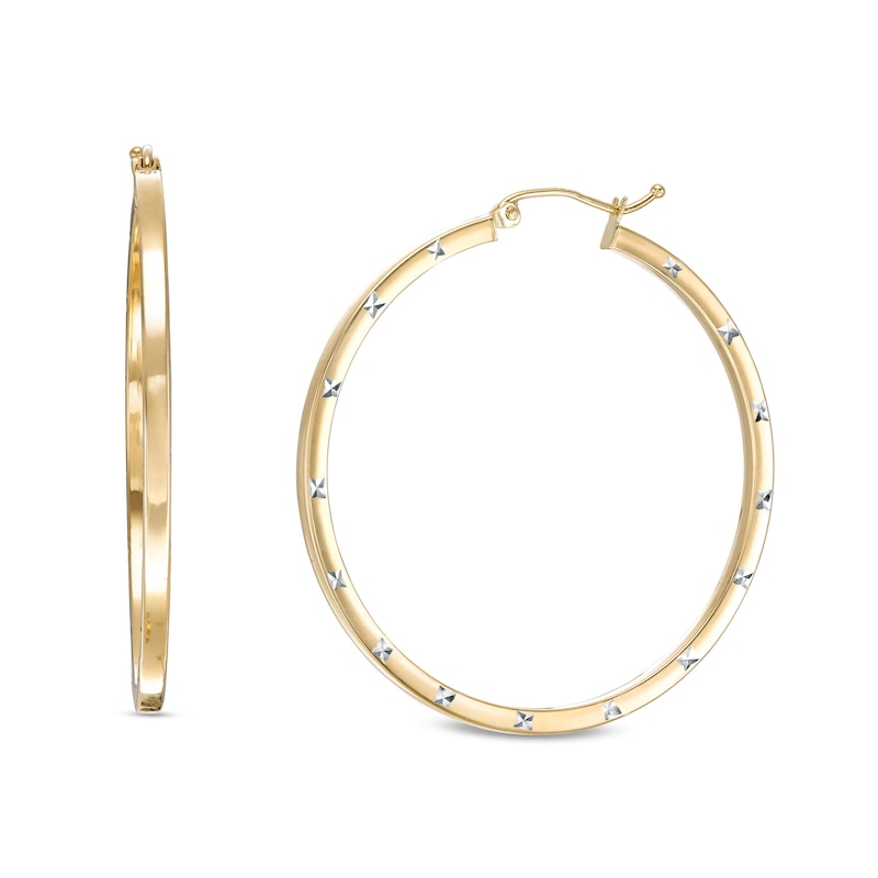 Hollow 40mm Diamond-Cut Square Station Hoop Earrings in 10K Two-Tone Gold