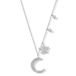 Cubic Zirconia Crescent Moon and Star Station Necklace in Solid Sterling Silver