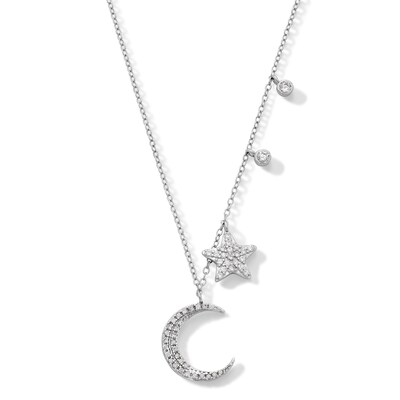 Sterling Silver CZ Crescent Moon and Star Pendant - 18"