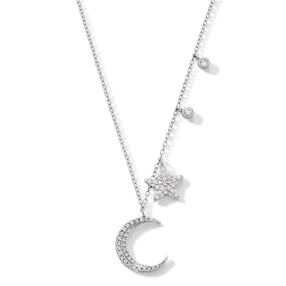 Sterling Silver CZ Crescent Moon and Star Pendant - 18"