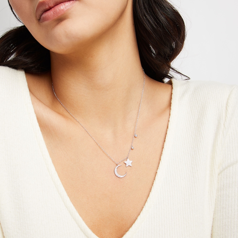 Cubic Zirconia Crescent Moon and Star Station Necklace in Solid Sterling Silver