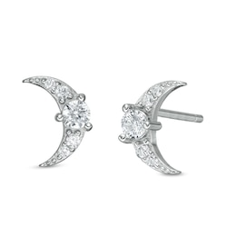 Cubic Zirconia Crescent Moon Stud Earrings in Solid Sterling Silver