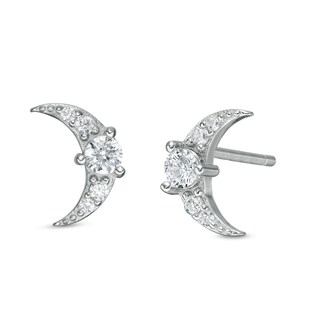 Solid Sterling Silver CZ Crescent Moon Studs