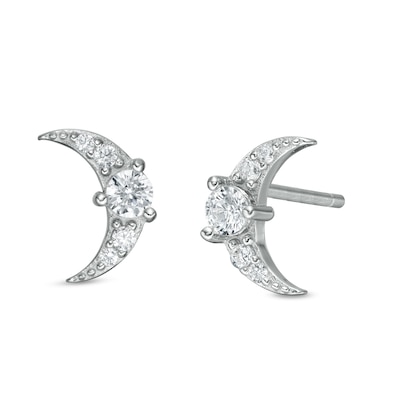 Solid Sterling Silver CZ Crescent Moon Studs