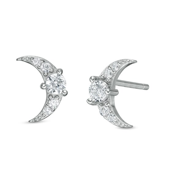 Cubic Zirconia Crescent Moon Stud Earrings in Solid Sterling Silver