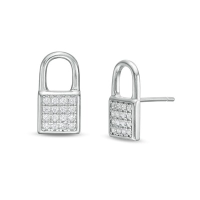 Cubic Zirconia Lock Stud Earrings in Sterling Silver