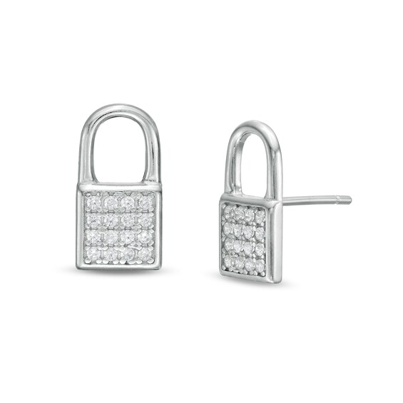 Cubic Zirconia Lock Stud Earrings in Sterling Silver