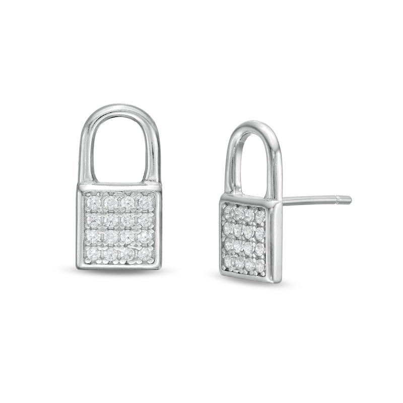 Cubic Zirconia Lock Stud Earrings in Sterling Silver