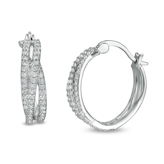 Cubic Zirconia Multi-Row Overlay Hoop Earrings in Solid Sterling Silver