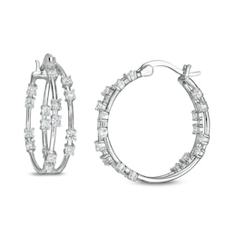Cubic Zirconia Inside-Out Orbit Double Row Hoop Earrings in Solid Sterling Silver
