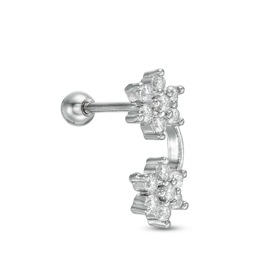 018 Gauge Cubic Zirconia Double Flower Curved Crawler Cartilage Barbell in Stainless Steel and Brass