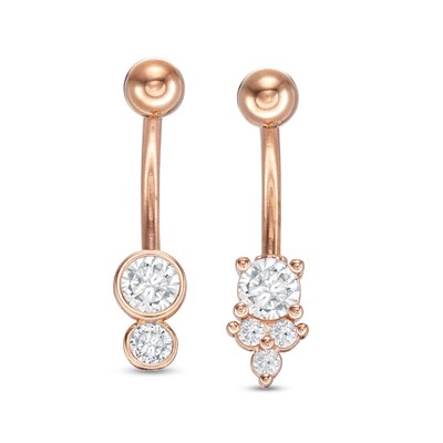 014 Gauge Cubic Zirconia Duo and Tri-Tip Two Piece Belly Button Ring Set in Stainless Steel and Brass with Rose IP