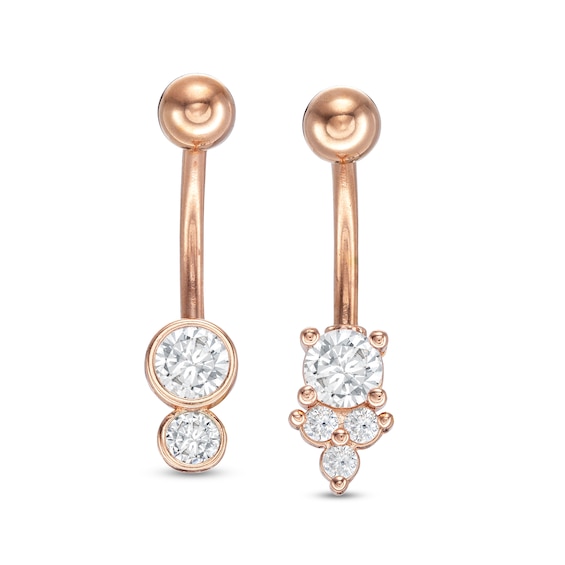 014 Gauge Cubic Zirconia Duo and Tri-Tip Two Piece Belly Button Ring Set in Stainless Steel and Brass with Rose IP