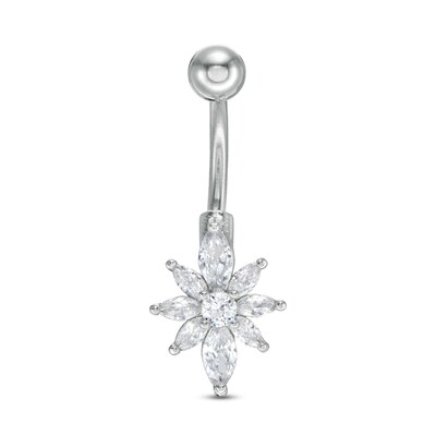 014 Gauge Marquise-Cut and Round Cubic Zirconia Flower Belly Button Ring in Stainless Steel and Brass