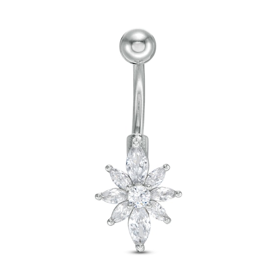 014 Gauge Marquise-Cut and Round Cubic Zirconia Flower Belly Button Ring in Stainless Steel and Brass