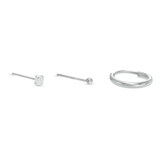 Solid and Tube Sterling Silver CZ Nose Stud and Hoop Three Piece Set - 22G
