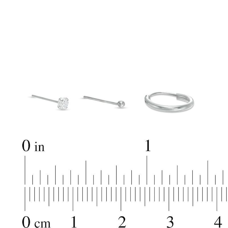 Solid and Tube Sterling Silver CZ Nose Stud and Hoop Three Piece Set - 22G
