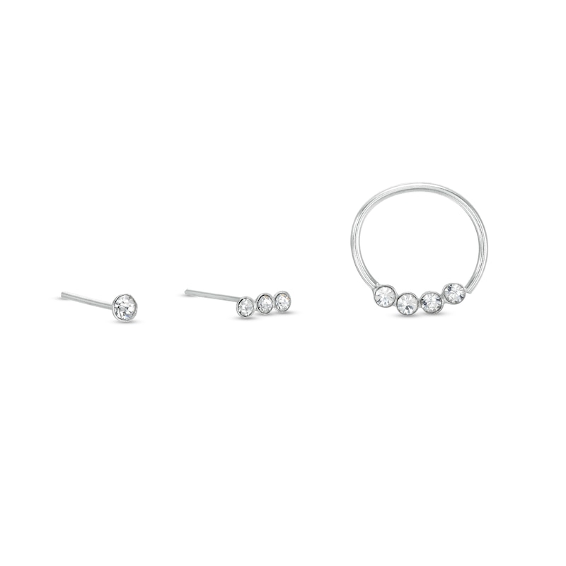 Semi-Solid Sterling Silver Crystal Bezel-Set Nose Stud and Hoop Three Piece Set - 22G