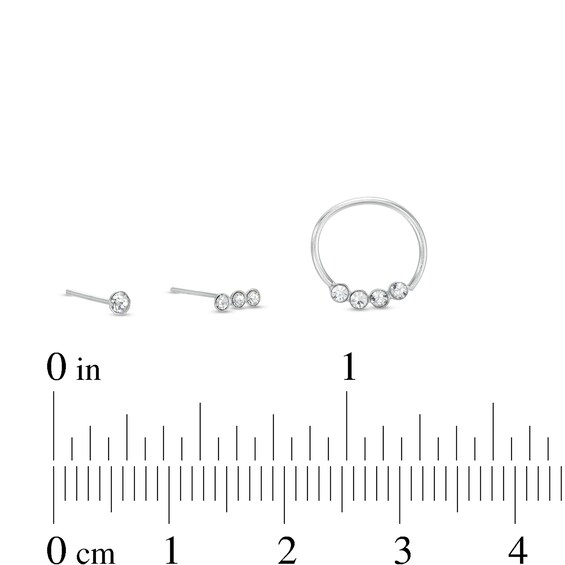 Semi-Solid Sterling Silver Crystal Bezel-Set Nose Stud and Hoop Three Piece Set - 22G