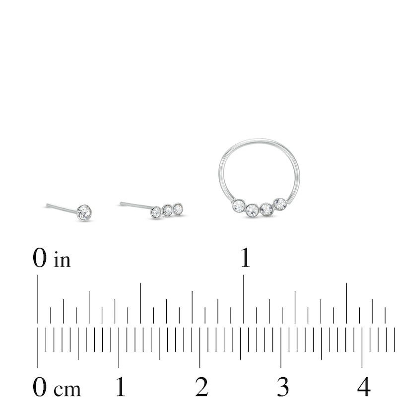 Semi-Solid Sterling Silver Crystal Bezel-Set Nose Stud and Hoop Three Piece Set - 22G