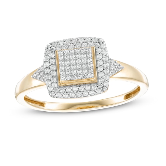 1/4 CT. T.W. Square Composite Diamond Double Cushion Frame Triangle Side Accent Ring in 10K Gold