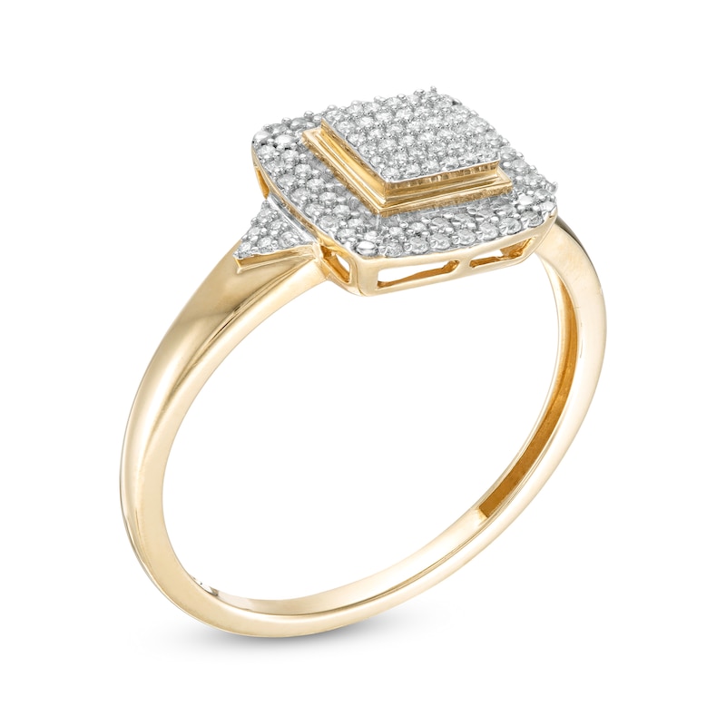 1/4 CT. T.W. Square Composite Diamond Double Cushion Frame Triangle Side Accent Ring in 10K Gold