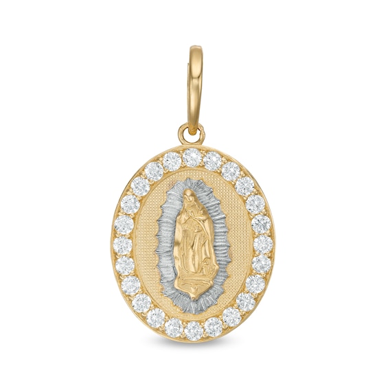 Cubic Zirconia Frame Our Lady of Guadalupe Oval Two-Tone Necklace Charm in 10K Solid Gold
