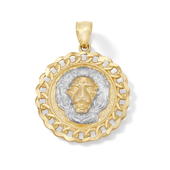 Lion Head Curb Chain Frame Medallion Two-Tone Necklace Charm in 10K Solid Gold