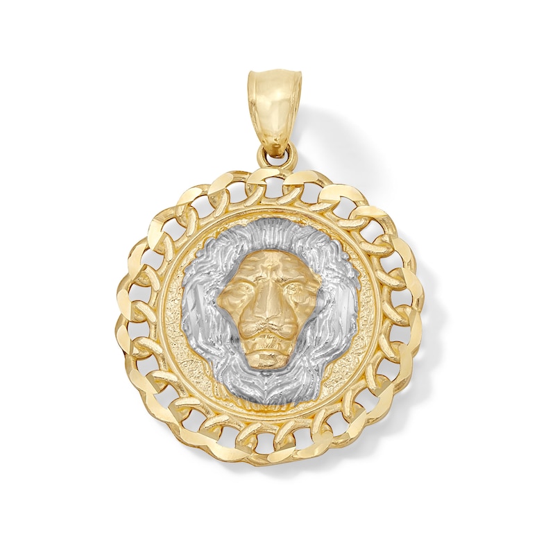 Lion Head Curb Chain Frame Medallion Two-Tone Necklace Charm in 10K Solid Gold