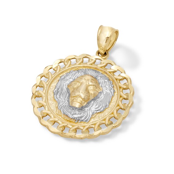 Lion Head Curb Chain Frame Medallion Two-Tone Necklace Charm in 10K Solid Gold