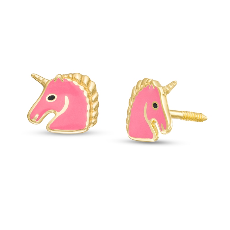 Made in Italy Child's Pink Enamel Unicorn Stud Earrings in 10K Gold