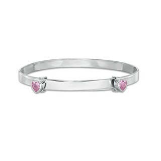 Child's 4mm Heart-Shaped Pink Cubic Zirconia Flexible Bangle in Sterling Silver - 2"