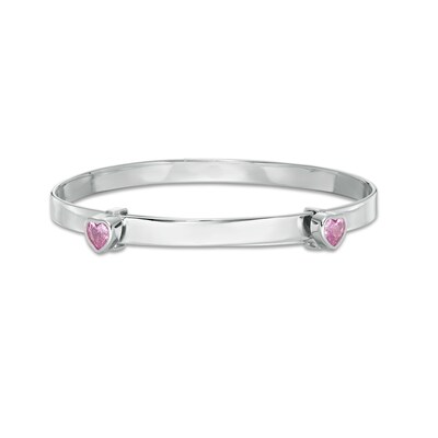 Child's 4mm Heart-Shaped Pink Cubic Zirconia Flexible Bangle in Sterling Silver - 2"