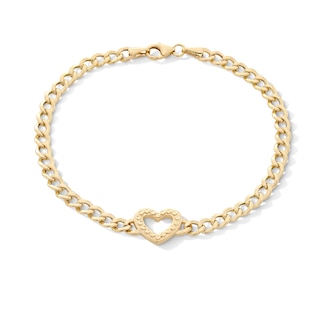10K Hollow Gold Textured Heart Outline Curb Chain Bracelet - 7.5"