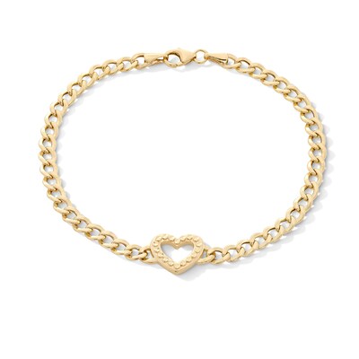 10K Hollow Gold Textured Heart Outline Curb Chain Bracelet - 7.5"