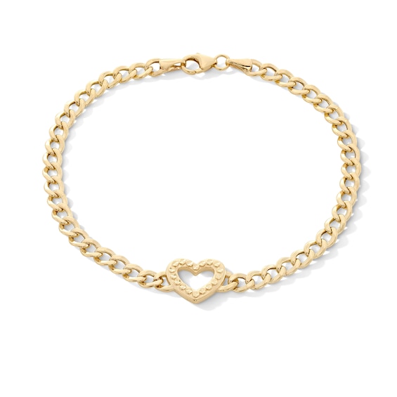 10K Hollow Gold Textured Heart Outline Curb Chain Bracelet - 7.5"