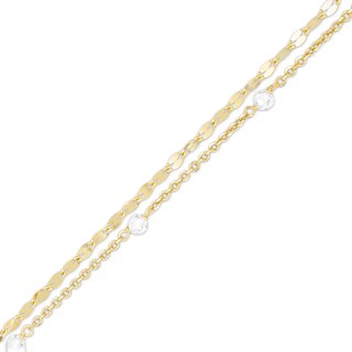 10K Solid Gold CZ Double Strand Anklet Made in Italy - 10" + 1"