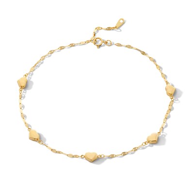 030 Gauge Solid Flat Rolo Chain Heart Station Anklet in 10K Gold – 10"